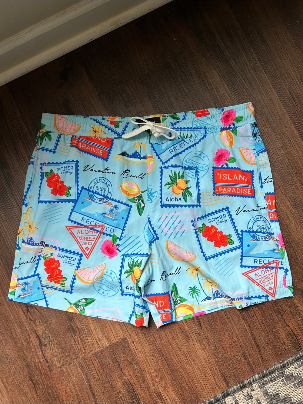 Malibu by Drill Clothing Co. swim trunks w/ all-over vacation postcard print, XL